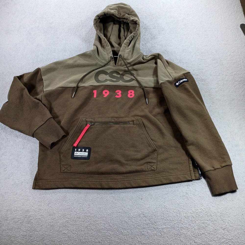 Columbia Womens CSC 1938 Hoodie Brown Olive XS Colorblock Pullover
